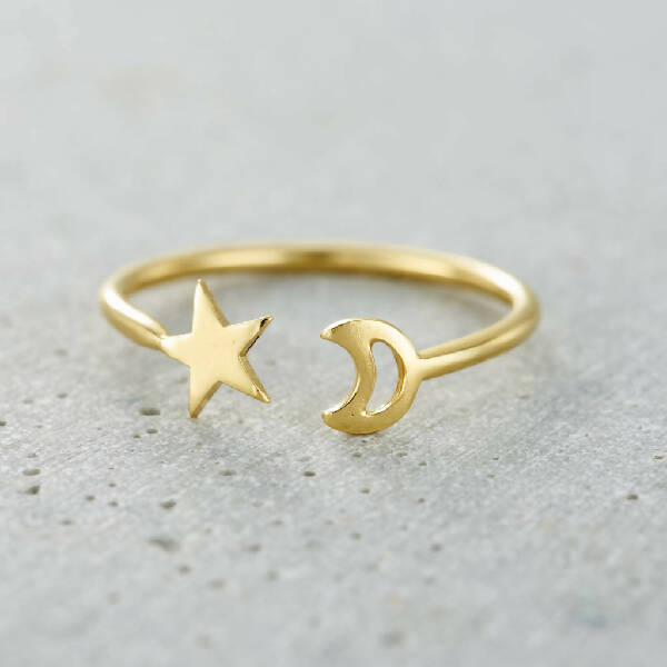 Yellow Gold Plated Moon & Star Open Ring