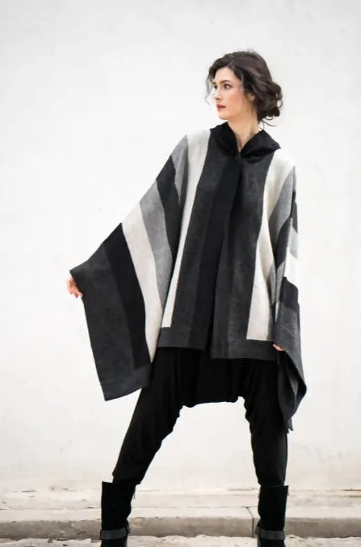 anita striped alpaca poncho - black / grey / charcoal